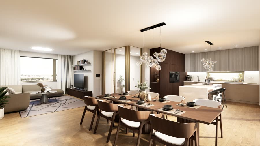 Rezidence Moravany — jídelní stůl s designovým osvětlením, varianta B